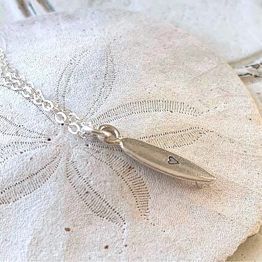 Hand Stamped 925 Sterling Silver 3D Surfboard Necklace. Heart or Initial!